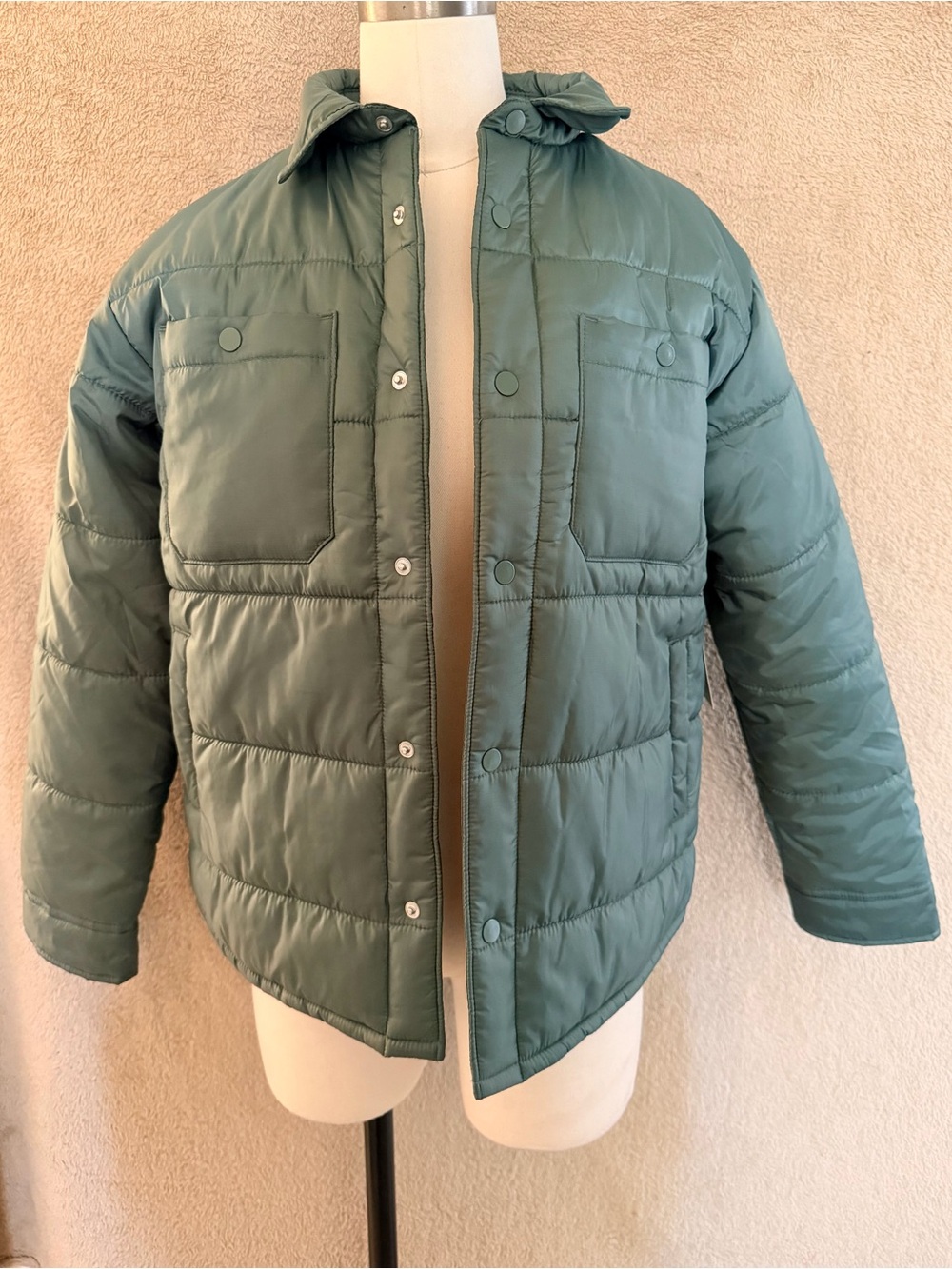Kids Sage Green Quilted Puffer Jacket with Chest Pockets